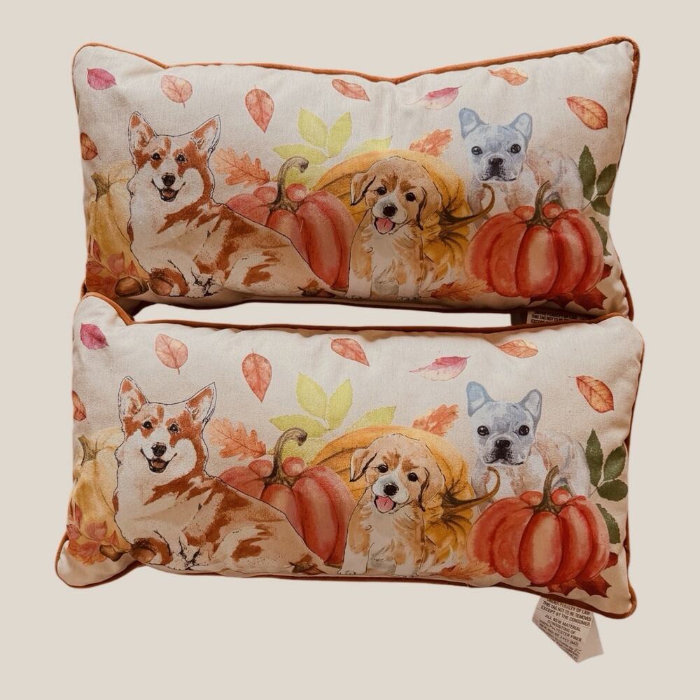 Pillows Corgi Fr Bulldog,Puppy Fall Pumpkins Leaves 12" x 24" Velveteen Back 2